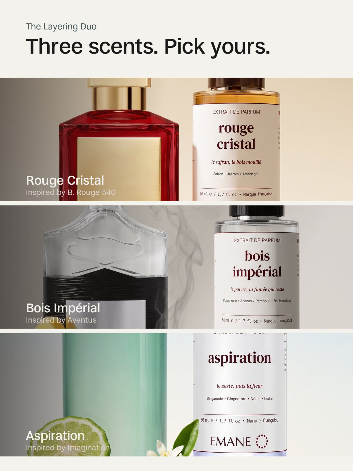Three EMANE scents next to the iconic perfumes that inspired them