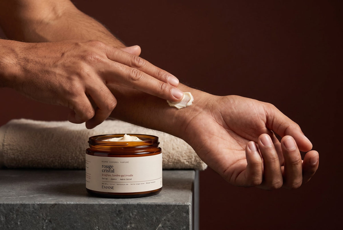 Step 1: press EMANE body butter into your wrists after the shower