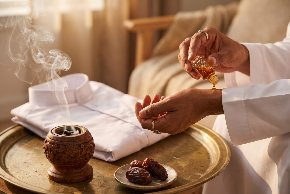A Gulf grooming ritual: oud oil on the wrist, bakhoor smoke, a white kandura