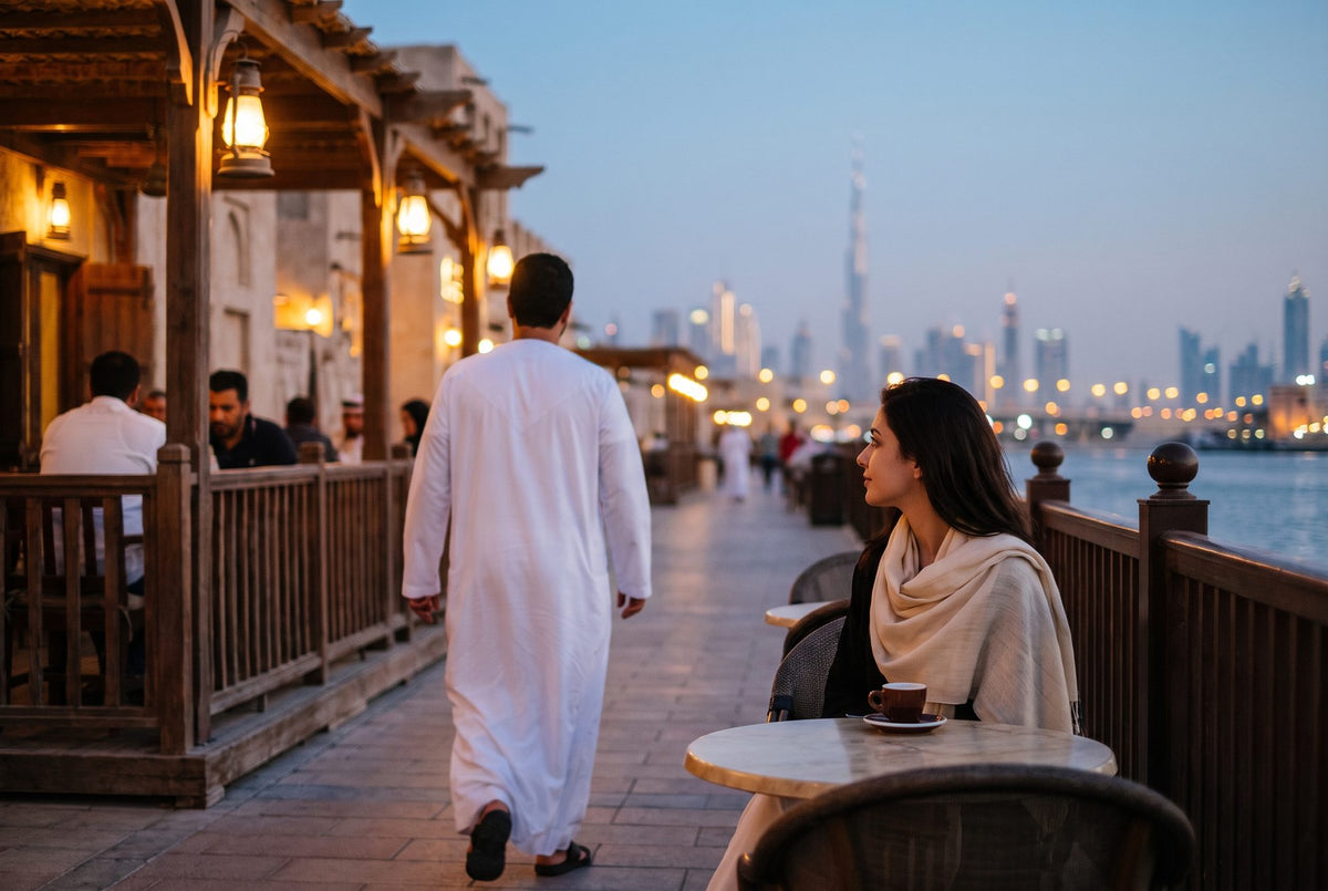Dubai at blue hour, a woman turns to follow a man walking past