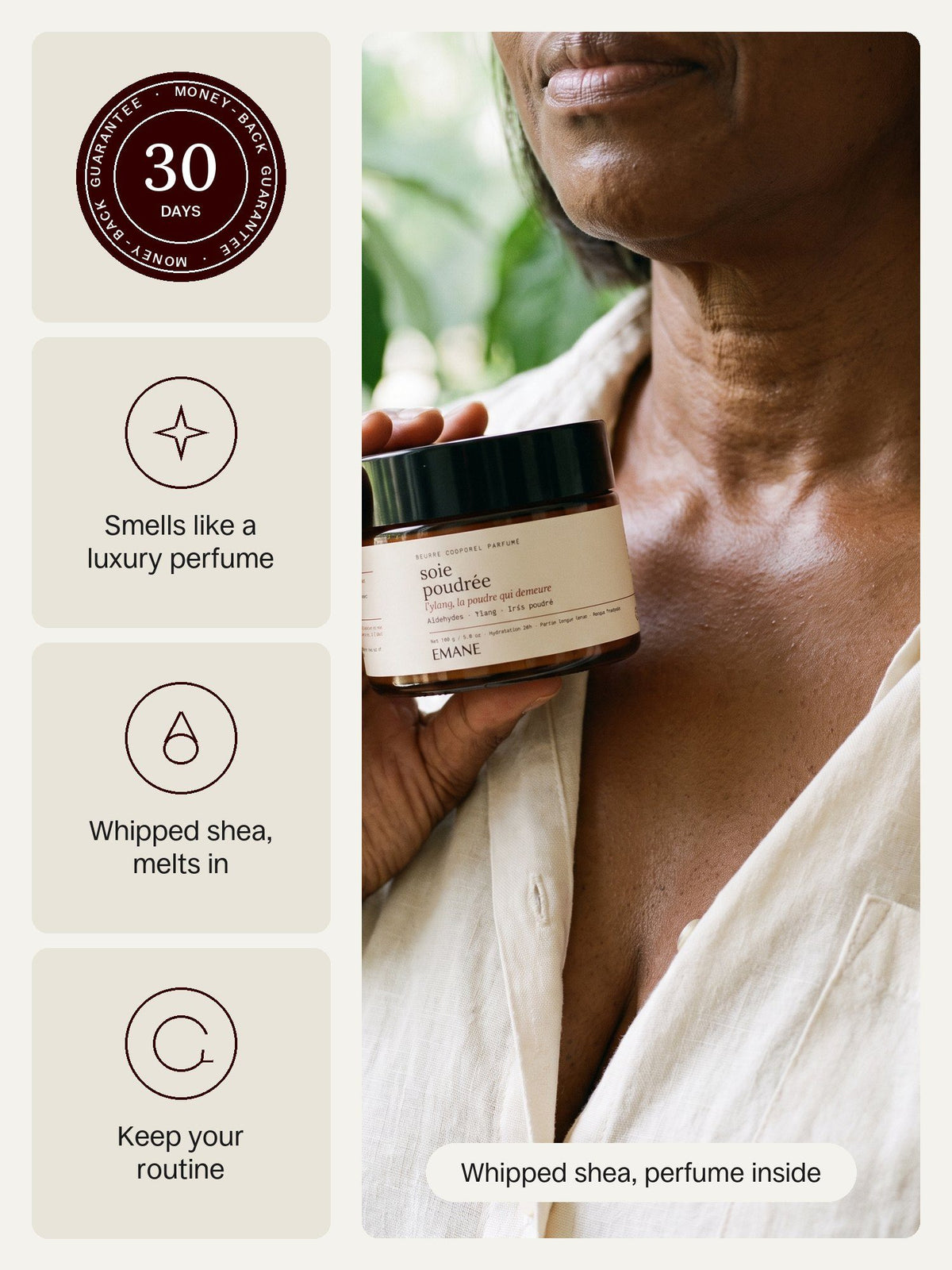 EMANE perfumed body butter: smells like a luxury perfume, whipped shea, keep your routine, 30-day money-back