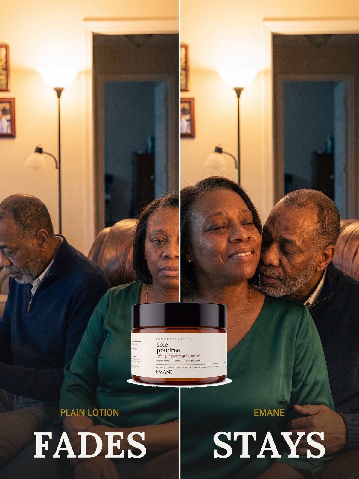 Plain lotion fades, EMANE stays: he leans in to smell her neck