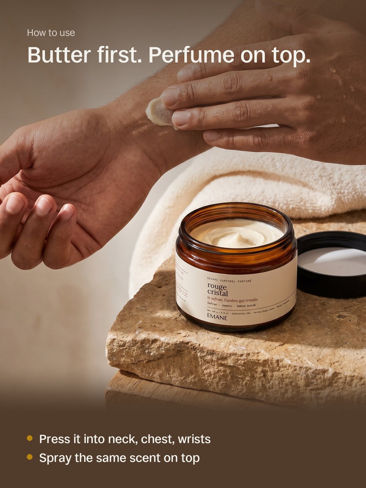 Pressing body butter into the wrist before perfume