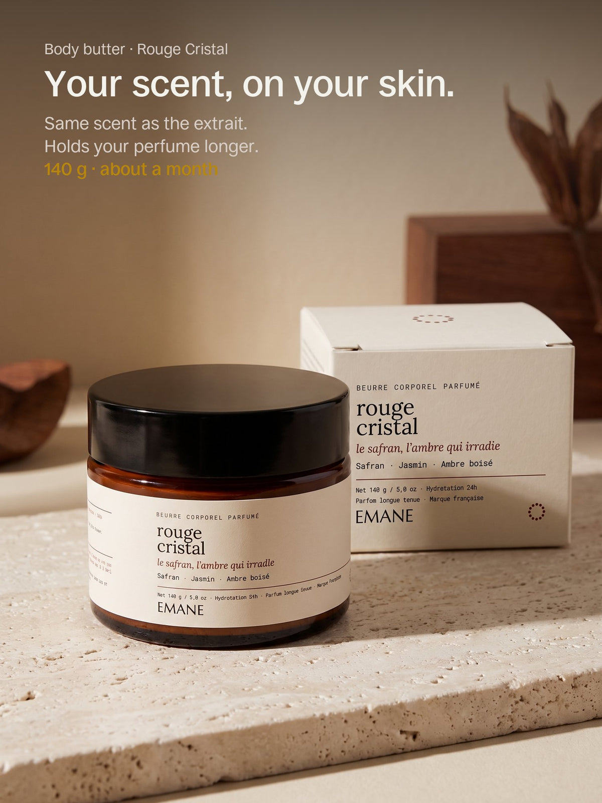 Rouge Cristal body butter jar and its box