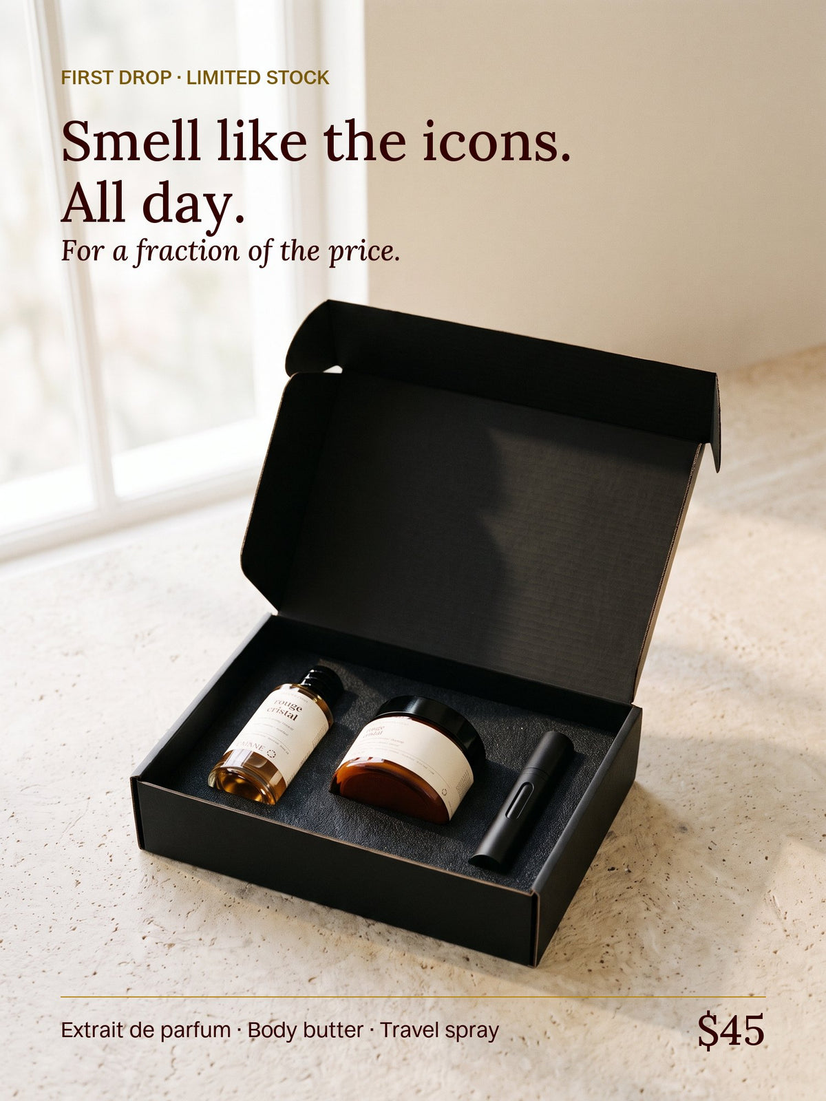 The EMANE box: extrait de parfum, body butter and travel spray. Smell like the icons, all day, for a fraction of the price
