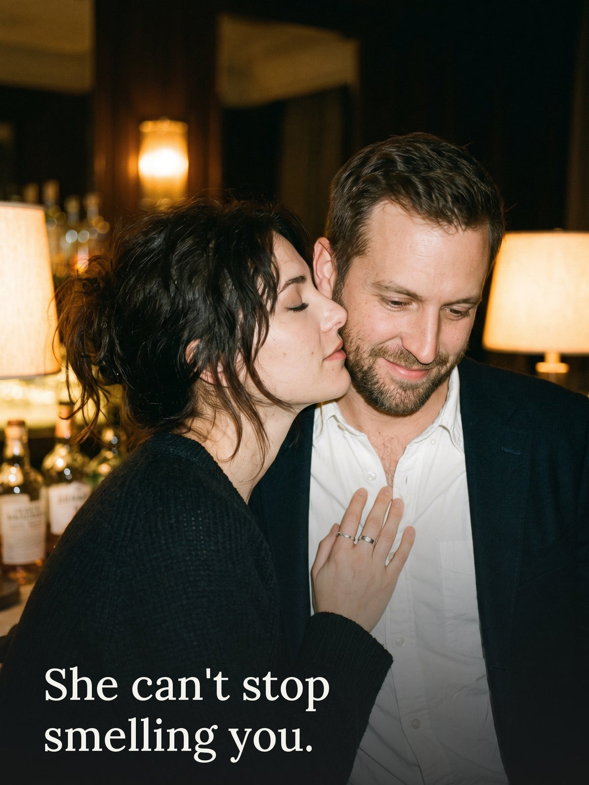 A woman presses her nose into a man's neck: she can't stop smelling you