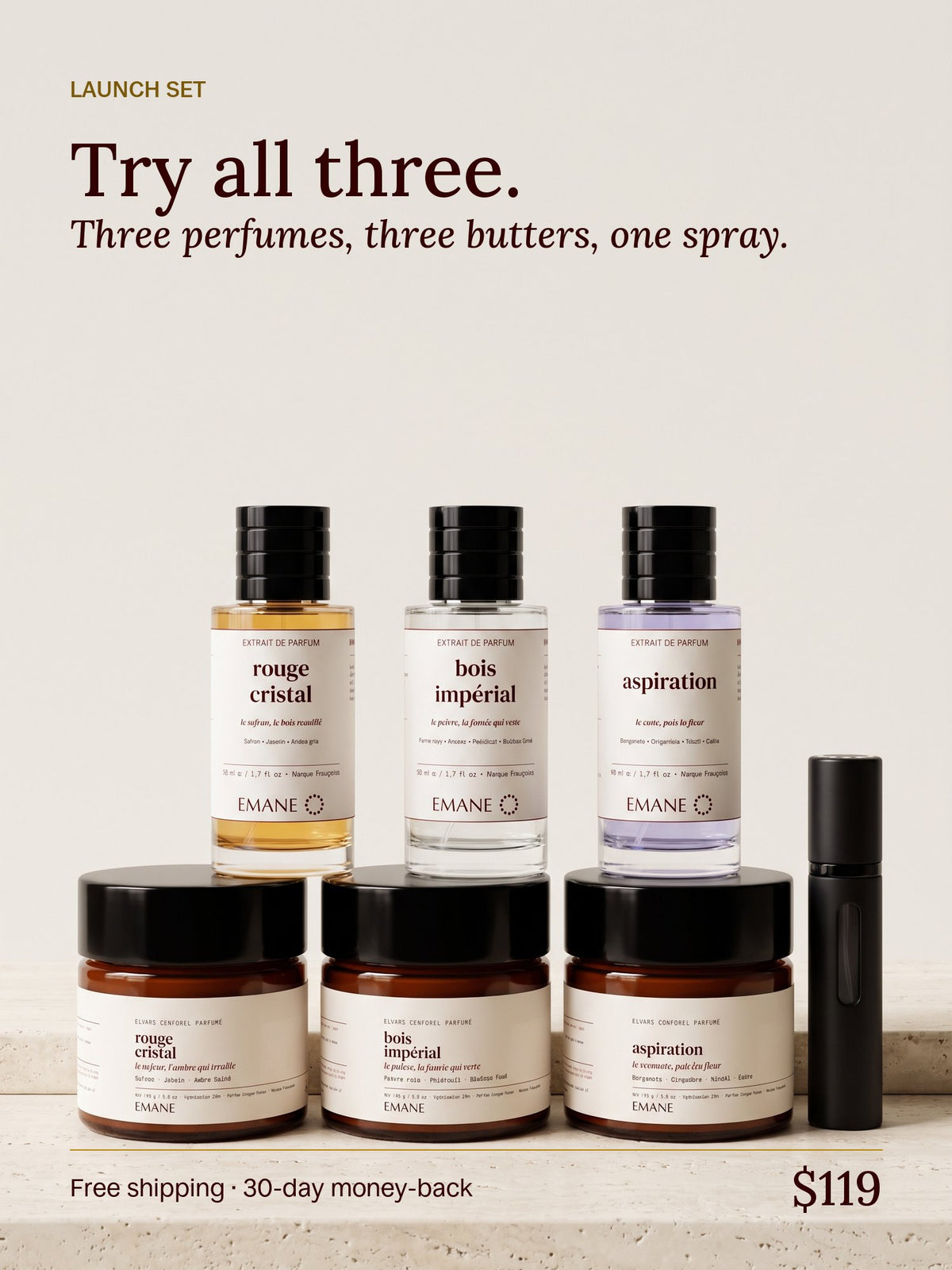 Launch set: all three scents, three body butters and a travel spray, $119