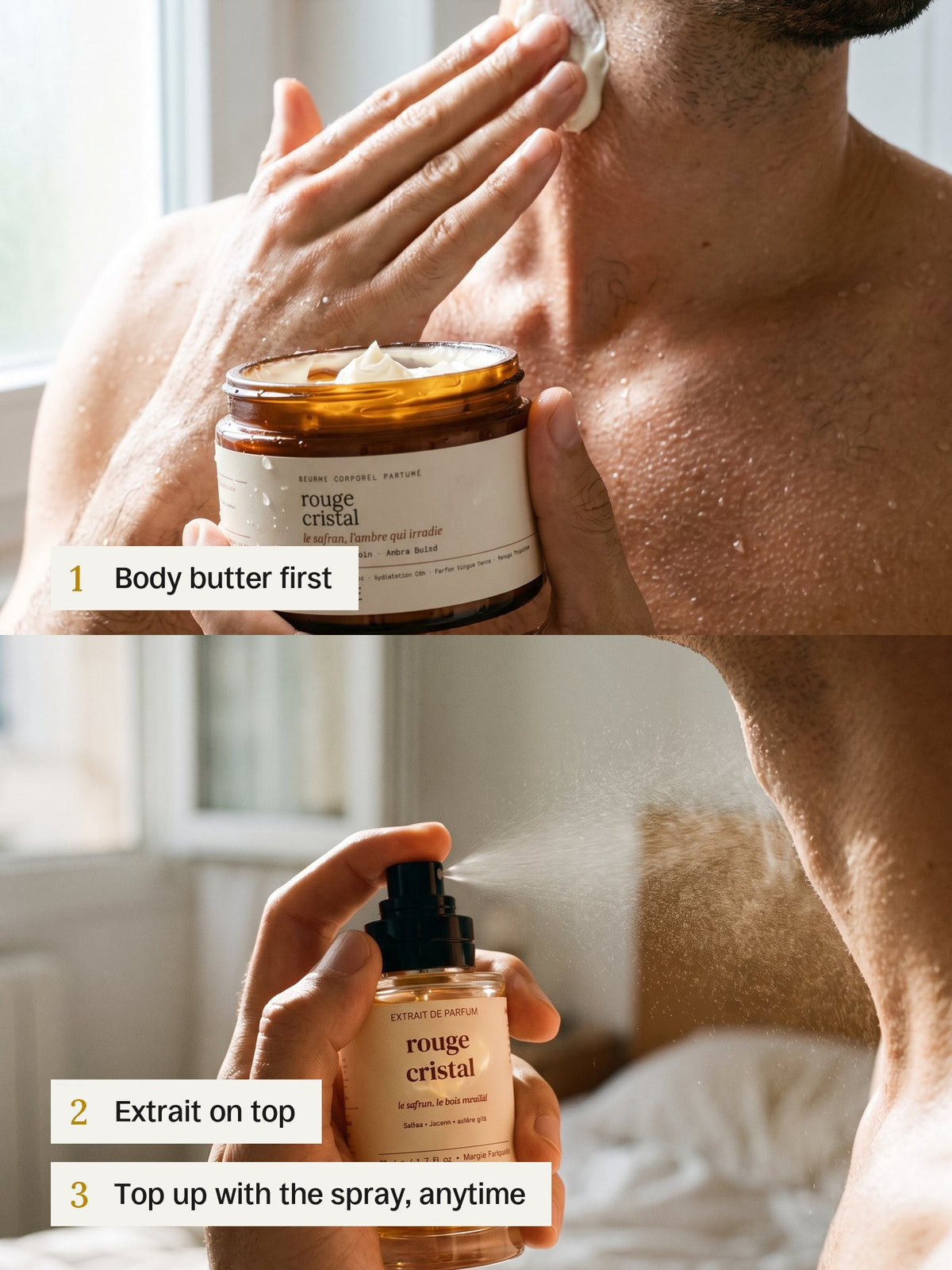 How to: body butter first, extrait on top, top up with the spray