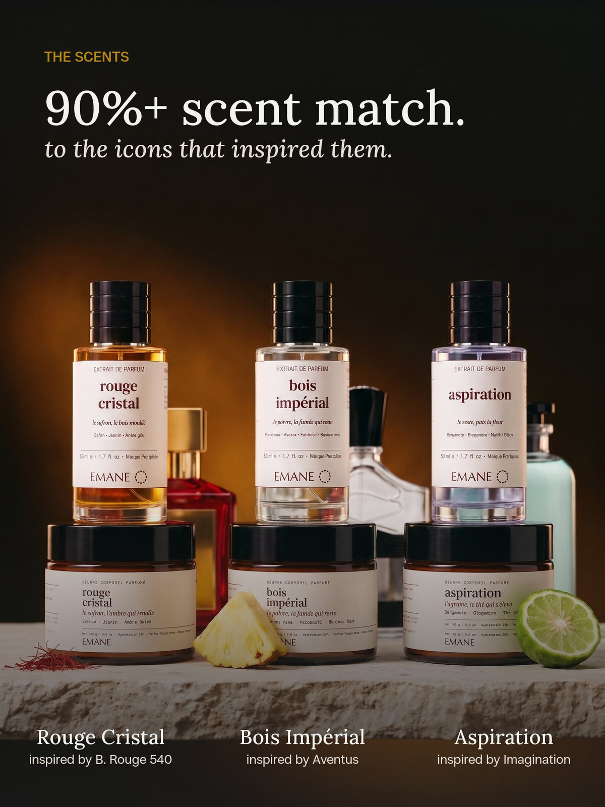 Rouge Cristal, Bois Impérial and Aspiration, each extrait standing on its matching body butter: 90%+ scent match