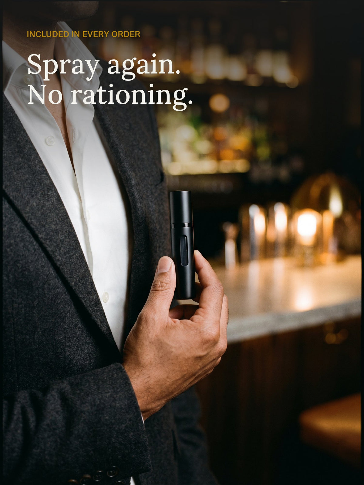 A man takes the black EMANE travel spray out of his blazer: spray again, no rationing